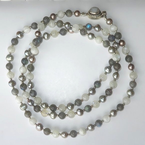 Stunning Extra LONG Moonstone Labradorite Pearl Sterling Silver Necklace - Picture 4 of 16